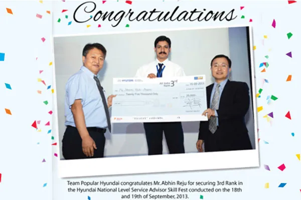 Mr. Abhin Reju securing 3rd Rank in the Hyundai National Level Service Advisor Skill Fest